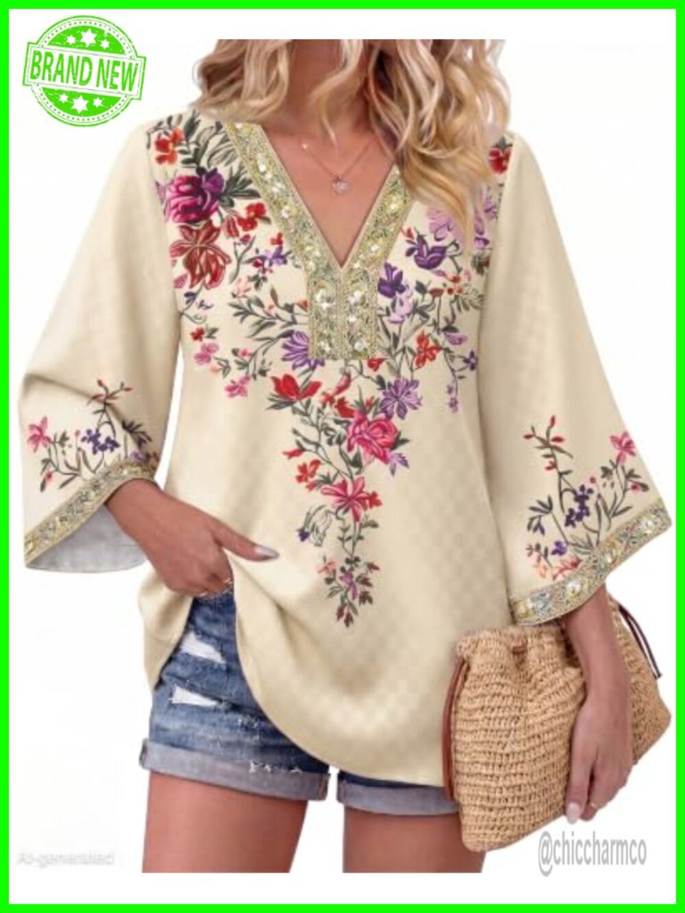 Womens 3/4 Sleeve Floral Tunic Top V-Neck Gold Embroidered Blouse